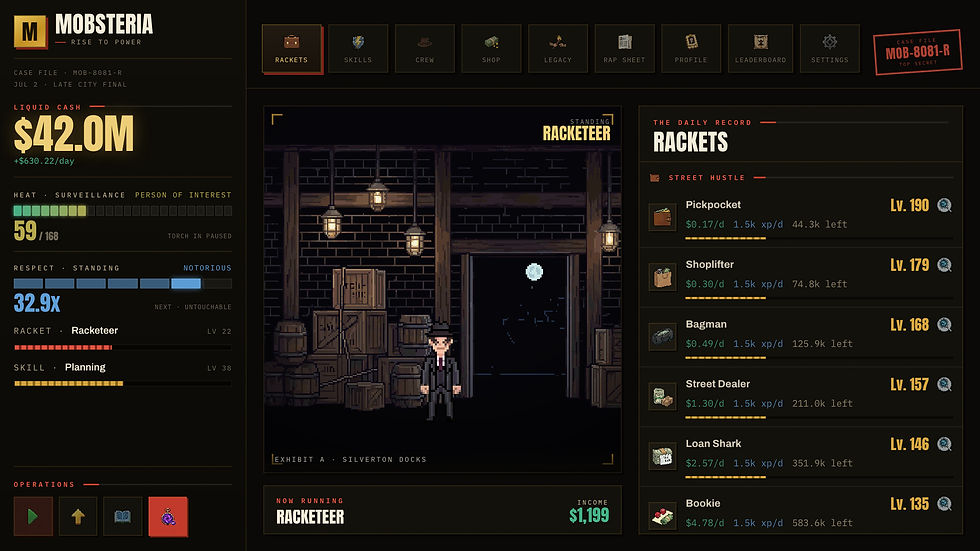 Mobsteria: Rise rackets screen showing criminal jobs, progression levels, cash earnings and reduced police Heat.