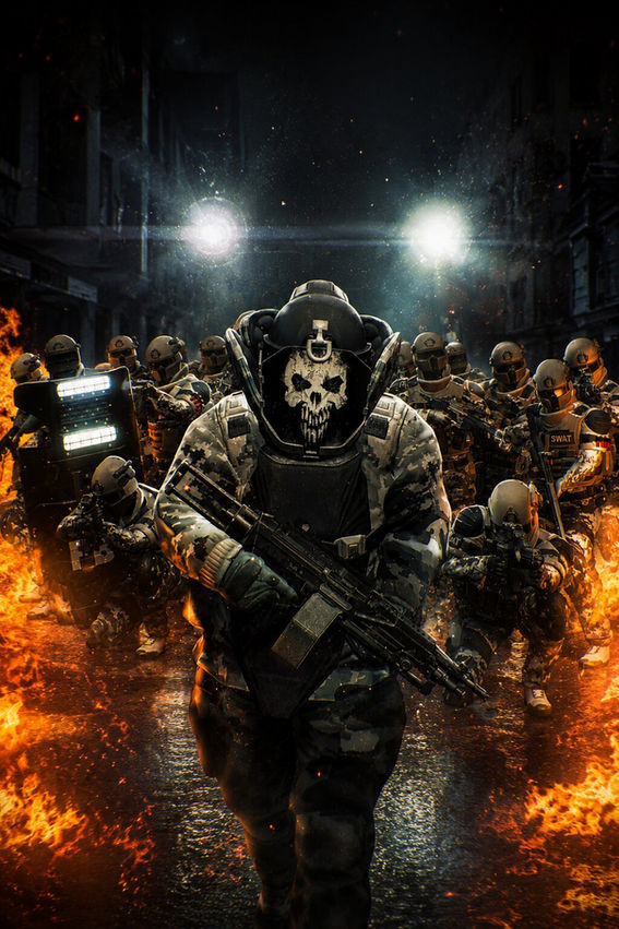 Elite SWAT forces march through a burning city street at night, led by a heavily armored unit with a skull visor and assault rifle, surrounded by fire, smoke, tactical shields, and dramatic floodlights in a dark cinematic battle scene.