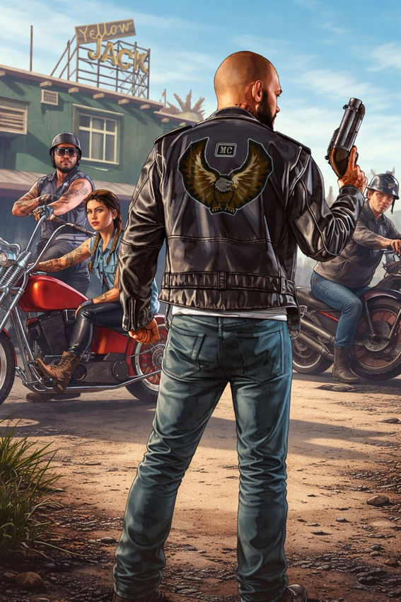 GTA Online Bikers artwork showing an armed MC member surrounded by bikers and motorcycles outside the Yellow Jack Inn.