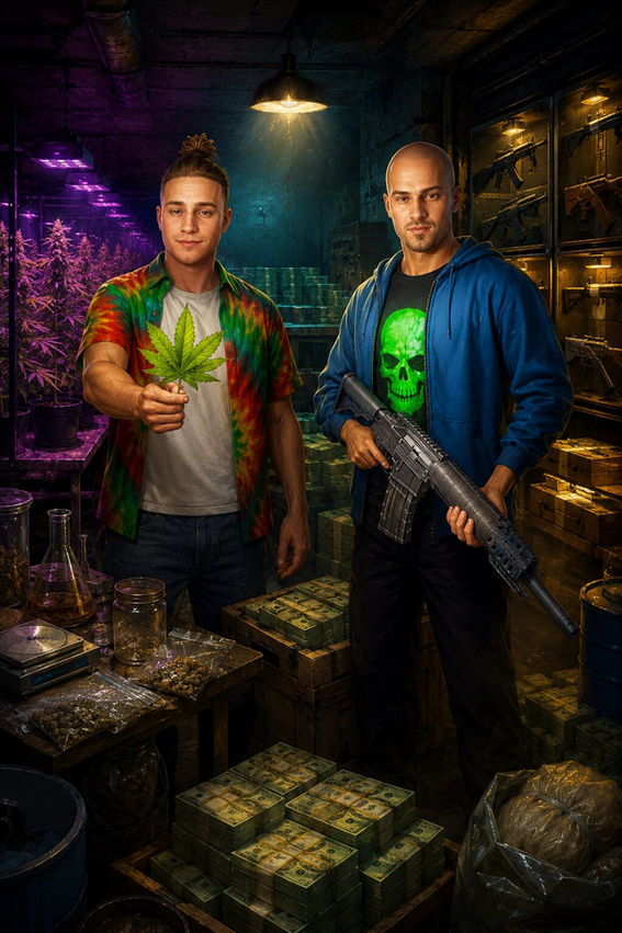 Two criminals stand inside a neon-lit underground operation surrounded by cannabis plants, stacks of cash, weapons, and drug-production equipment, depicting the criminal empire management of Dirty Business.