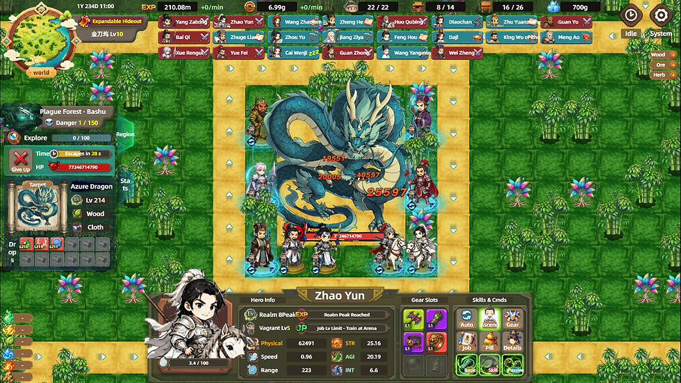 Bandit Simulator TD gameplay showing recruited heroes surrounding a massive Level 214 Azure Dragon in Plague Forest, with damage numbers flying and Zhao Yun's equipment and stats displayed.
Copy
