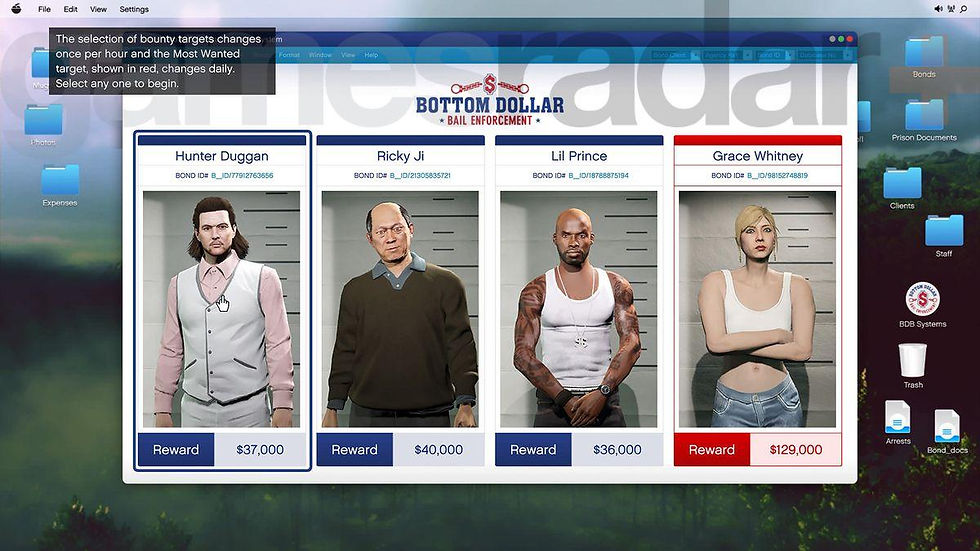 GTA Online Bail Office computer displaying Standard and Most Wanted bounty targets, where finding your missing criminal means surviving Rockstar's ridiculous rotation schedules.