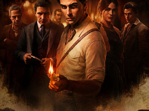Cinematic Mafia: The Old Country artwork showing Enzo Favara holding a flame, surrounded by members of a Sicilian crime family above a rural Sicilian village.