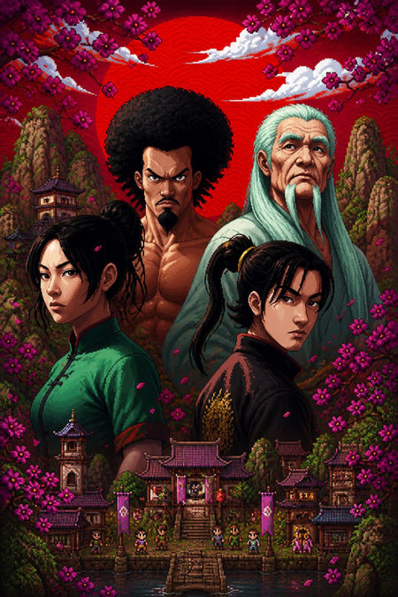 Pixel-art poster of four martial artists posing before a red sun and cherry blossoms, overlooking a village—symbolizing gang warfare and territorial conflict in Gangs of Asia