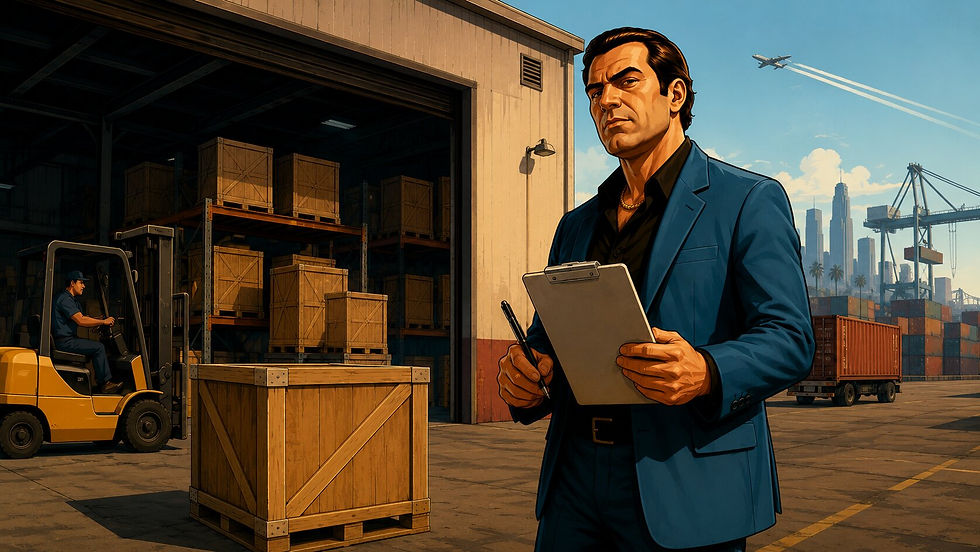 Wide early Rockstar-style illustration of a bustling GTA Online Special Cargo warehouse, packed with crates, forklifts, and underworld business energy. A confident criminal figure oversees operations while valuable cargo is prepared for transport, evoking the dangerous but lucrative world of GTA Online smuggling.