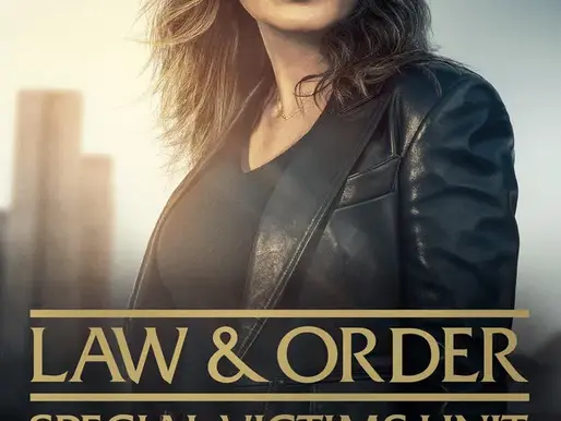 Promotional image of Law & Order: Special Victims Unit showing Mariska Hargitay as Olivia Benson in a black leather jacket, standing against a moody New York skyline.