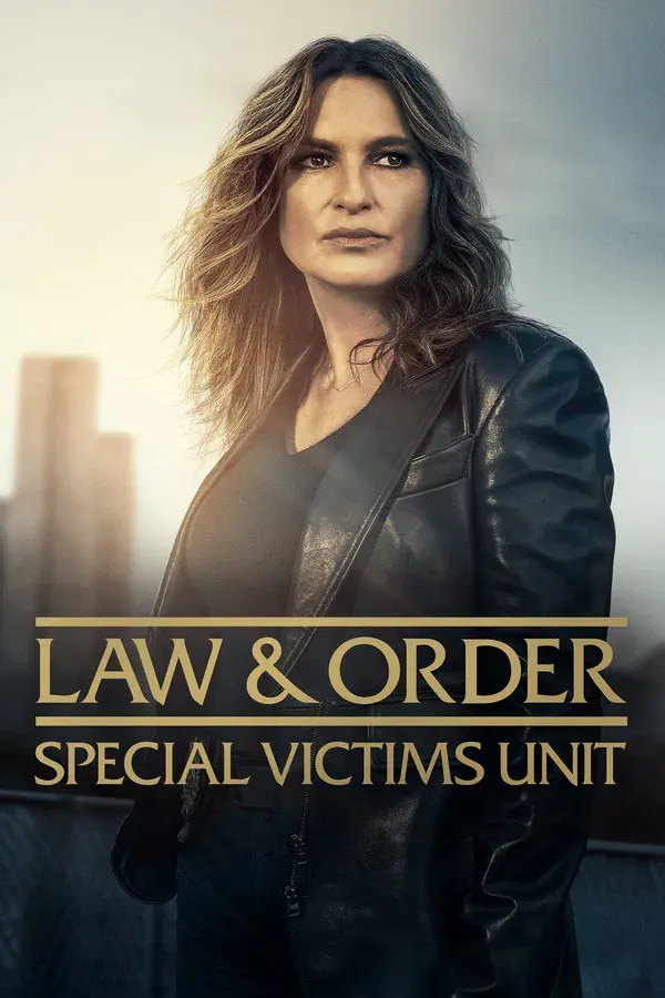 Promotional image of Law & Order: Special Victims Unit showing Mariska Hargitay as Olivia Benson in a black leather jacket, standing against a moody New York skyline.