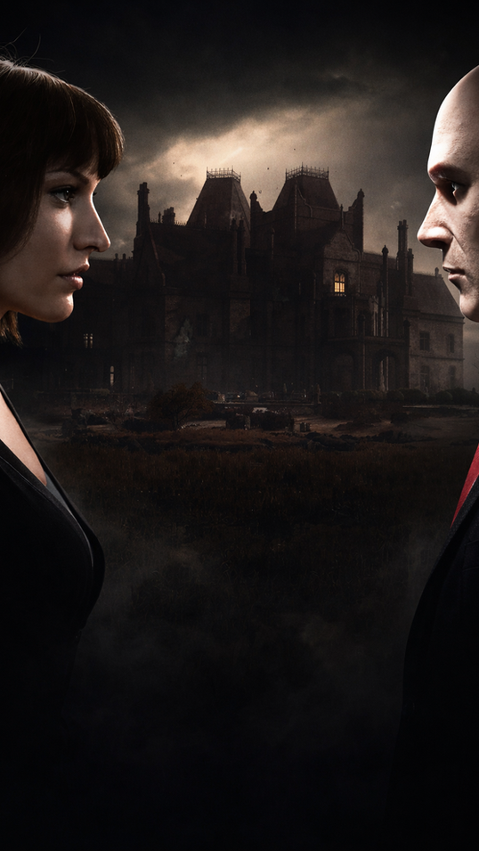 Agent 47 and Lilith Devereux face each other in profile under a stormy sky, with Thornbridge Manor looming in the background during the HITMAN Season of Patient Zero Requiem update.