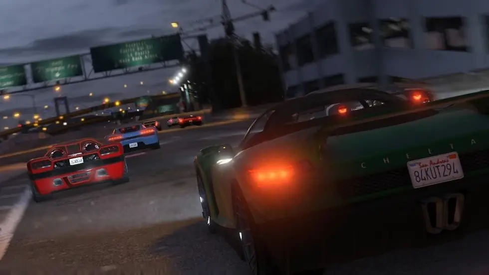 High-speed GTA Online street race at night featuring multiple supercars drifting through a rain-soaked city highway with glowing taillights, motion blur, and cinematic neon reflections during a 4X Land Races money grind.