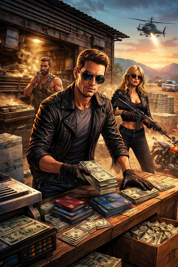 Gritty GTA-style scene of a document forgery operation in a dusty rural workshop, with criminals stacking fake cash and passports while an armed guard watches over and police close in from the distance at sunset.