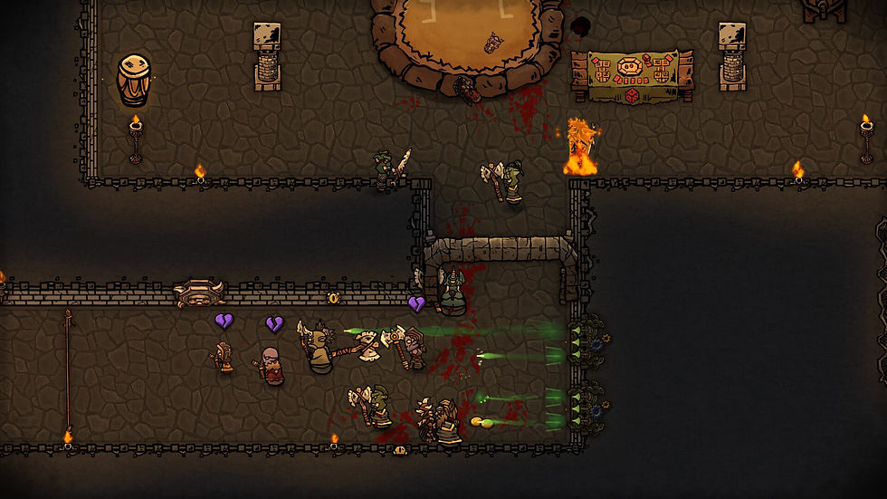 Top-down dungeon battle with armored heroes and goblins amid bloodstains, torches, and green projectiles in a stone hall.