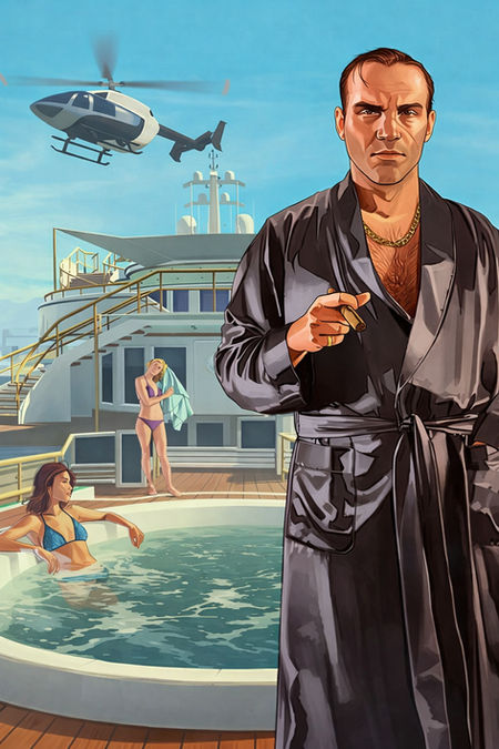 Grand Theft Auto Online “Executives and Other Criminals” promotional artwork showing a stern man in a silk robe holding a cigar on a luxury yacht, with two women relaxing in a hot tub behind him and a helicopter hovering overhead, Los Santos skyline in the background.