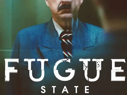 Netflix poster for Fugue State 1986 showing a stern, mustached man in a blue suit standing before a mirror. His reflected face is smeared and doubled, creating a disturbing, disorienting effect that hints at the show’s themes of mental collapse and violence.