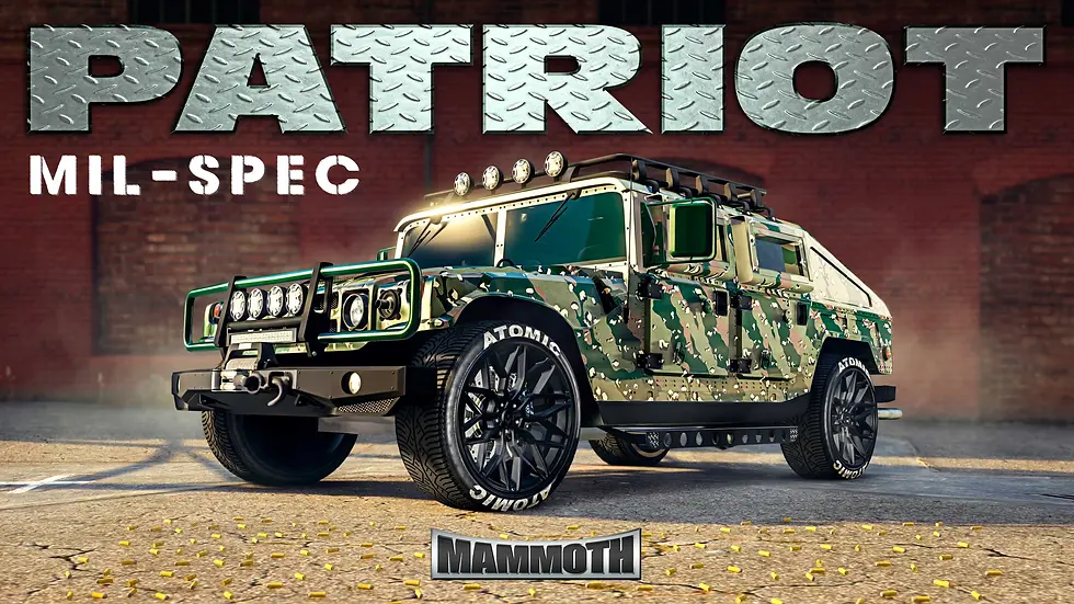 Front-facing shot of the Mammoth Patriot Mil-Spec in GTA Online, featuring a green camo paint job, rugged design, and promotional title text against a brick wall backdrop.