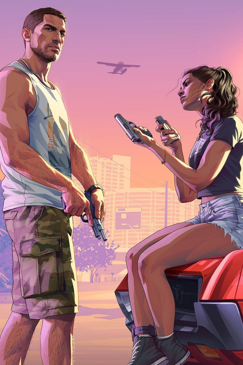 GTA VI artwork featuring Jason holding a pistol beside Lucia, who sits on a red muscle car handling a handgun and magazine against a pink Leonida sunset.