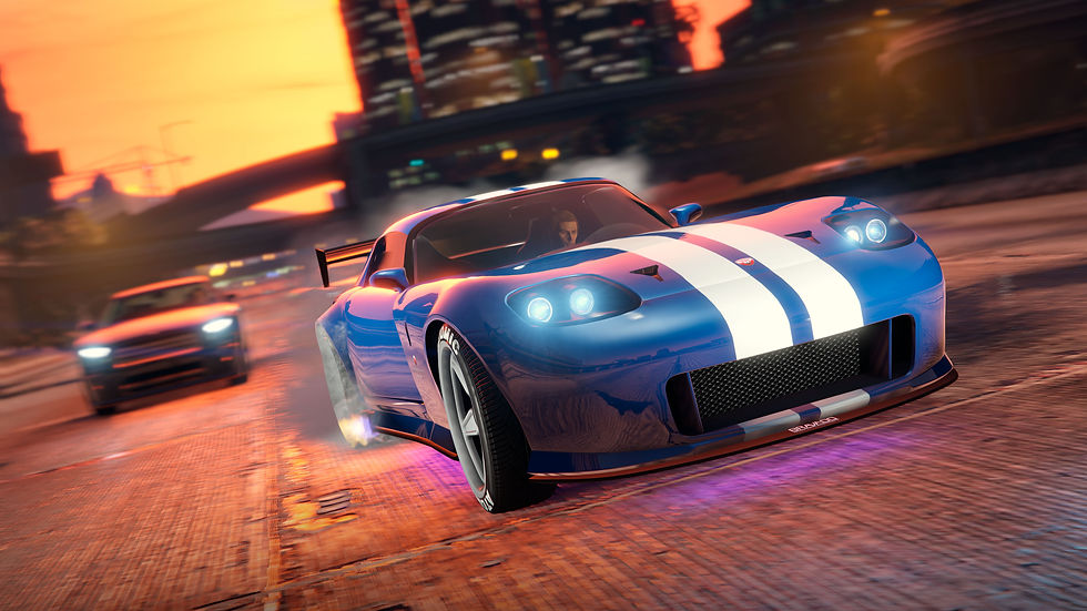 A blue Bravado sports car speeding through Los Santos at sunset in GTA V Enhanced, with glowing headlights and police pursuit vibes.