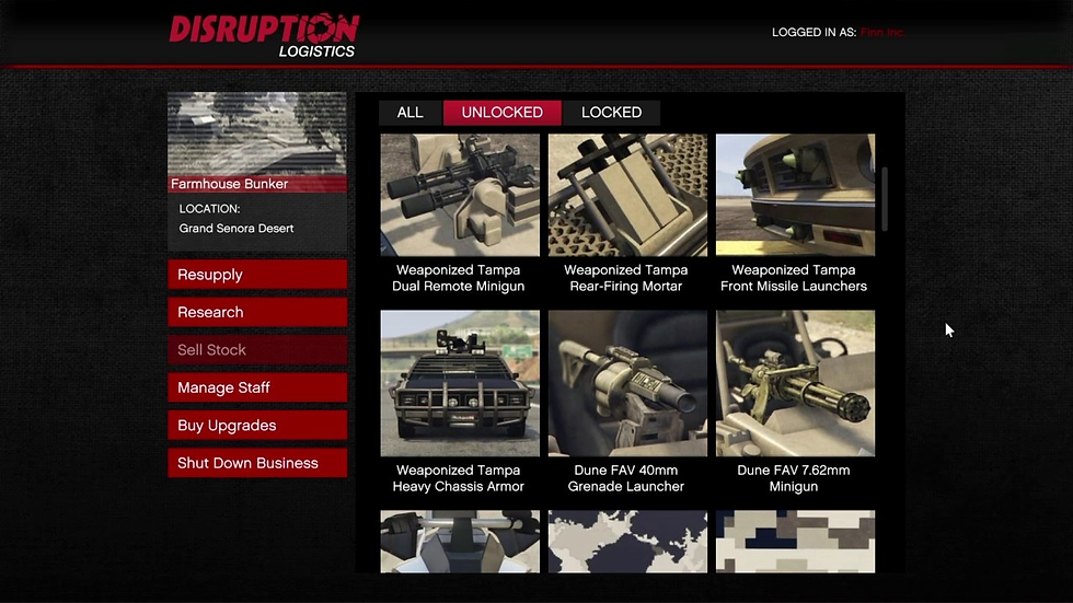 GTA Online Bunker Research screen surrounded by weapons and ammunition as a player reviews military research projects.