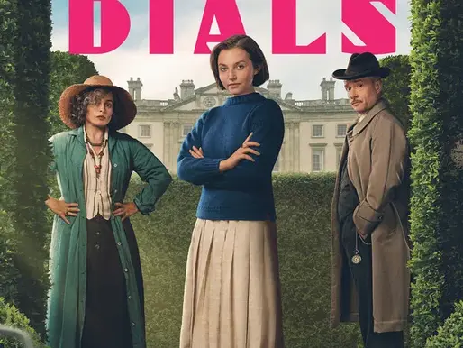 Promotional poster for Agatha Christie’s Seven Dials showing three 1920s characters standing in a manicured garden maze in front of a grand English manor, with scattered clocks and objects hinting at a murder mystery.