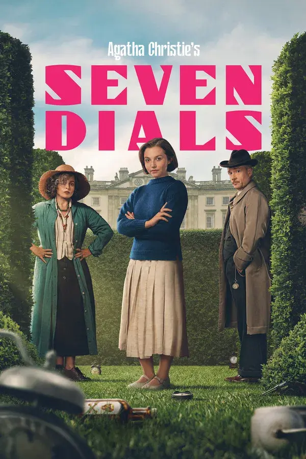 Promotional poster for Agatha Christie’s Seven Dials showing three 1920s characters standing in a manicured garden maze in front of a grand English manor, with scattered clocks and objects hinting at a murder mystery.