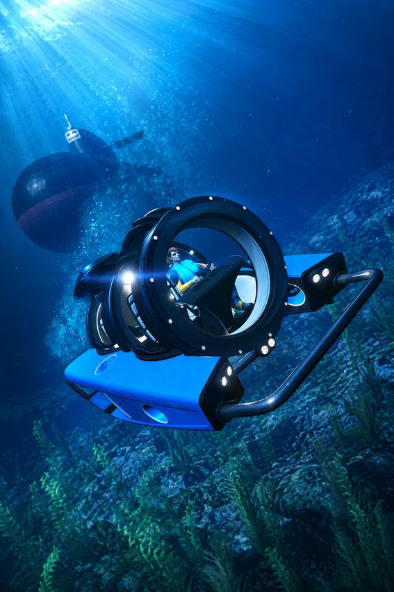 Movie-poster style GTA Online underwater scene featuring the blue Avisa mini-submarine exploring the ocean floor near a looming Kosatka submarine in the background, illuminated by dramatic shafts of sunlight and deep blue water while searching for hidden underwater caches.
