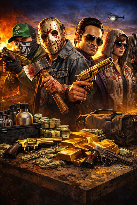 GTA Online-style crime scene with four armed criminals surrounded by stacks of cash, gold bars, weapons, and drug equipment, set against explosions and a city skyline at sunset, representing fast money-making in a chaotic underworld.