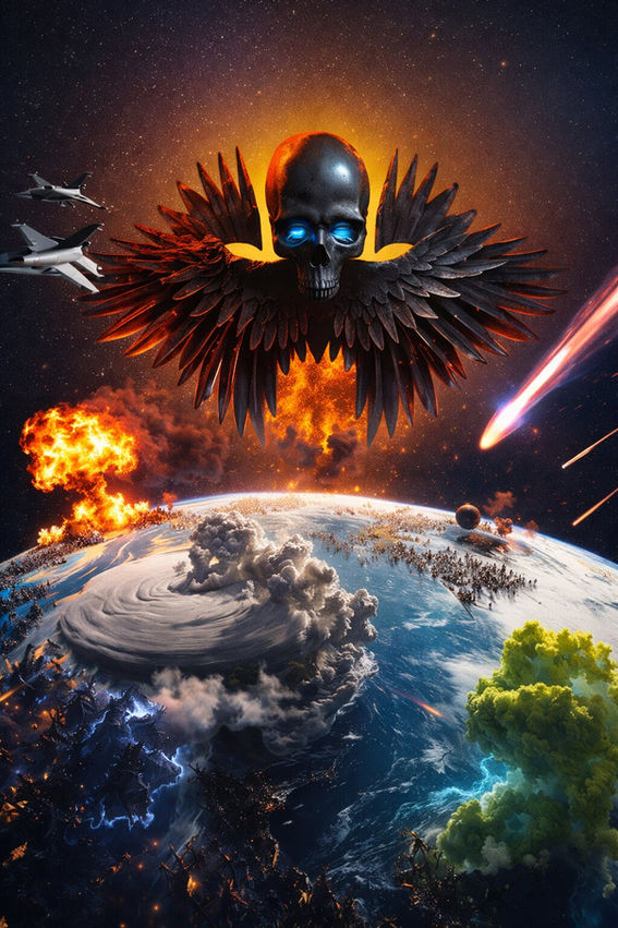 Apocalyptic sci-fi scene of Earth under attack with storms, explosions, meteors, jets, and a glowing-eyed skull with wings looming above the planet