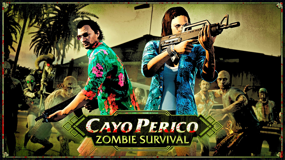 Two armed men in tropical shirts face zombies in a yard; title text reads Cayo Perico Zombie Survival.