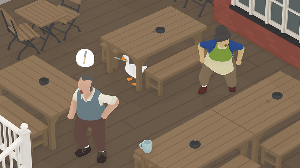 Two people stand on a wooden café patio while a goose hides under a table; one has a thought bubble with a knife.