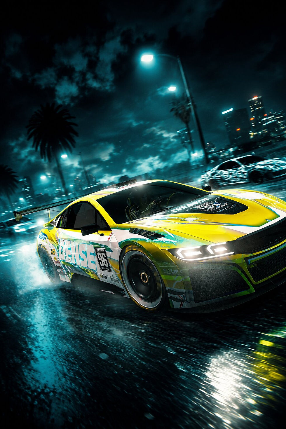 Yellow HSW race car speeding through a rain-soaked city street at night during a high-speed race.