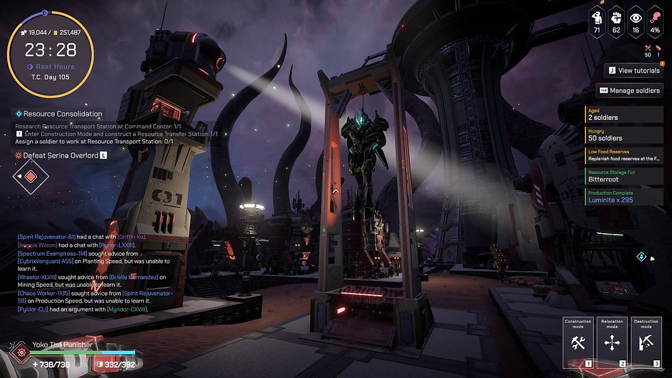 Pax Autocratica gameplay showing a futuristic military base, resource management interface and an armored soldier suspended inside a towering structure.