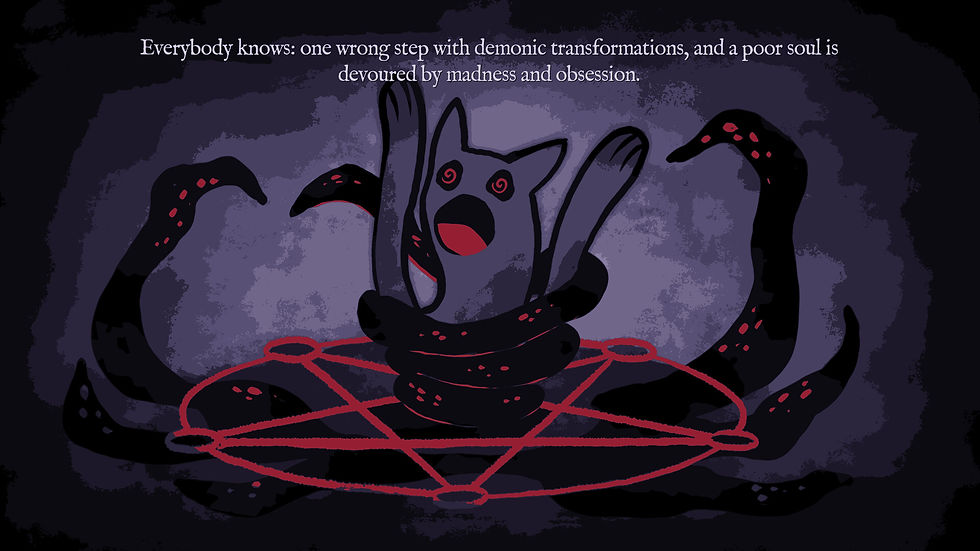 A terrified purple cartoon creature with spiralling red eyes is trapped in black demonic tentacles above a blood-red pentagram in Burn With Me. Apparently, today's lesson is advanced demonic strangulation.