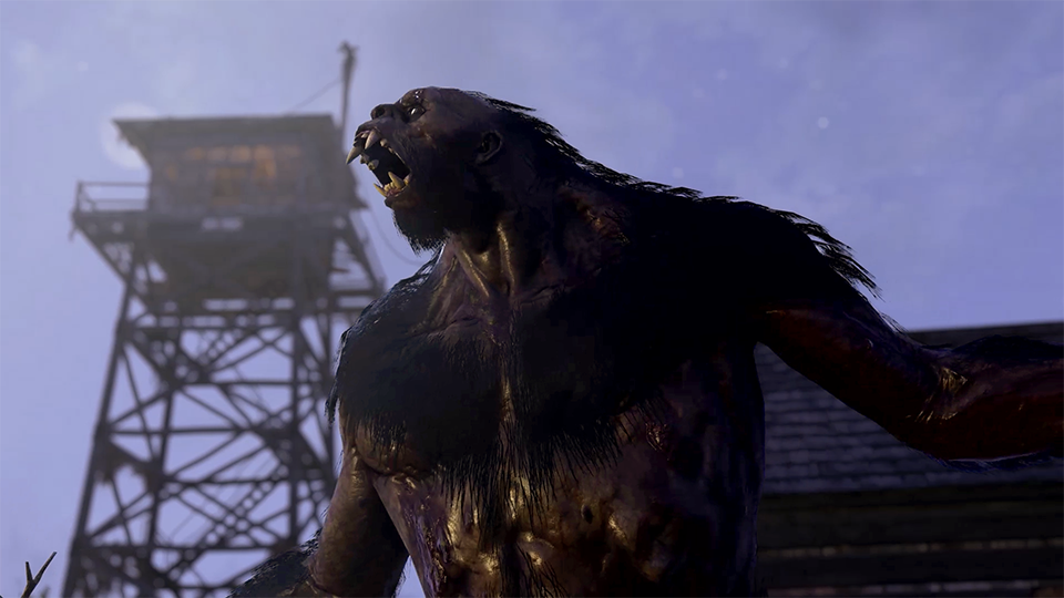 Terrifying Bigfoot cryptid roars in the wilderness near a watchtower in Fallout 76, showing off its massive size and savage appearance.