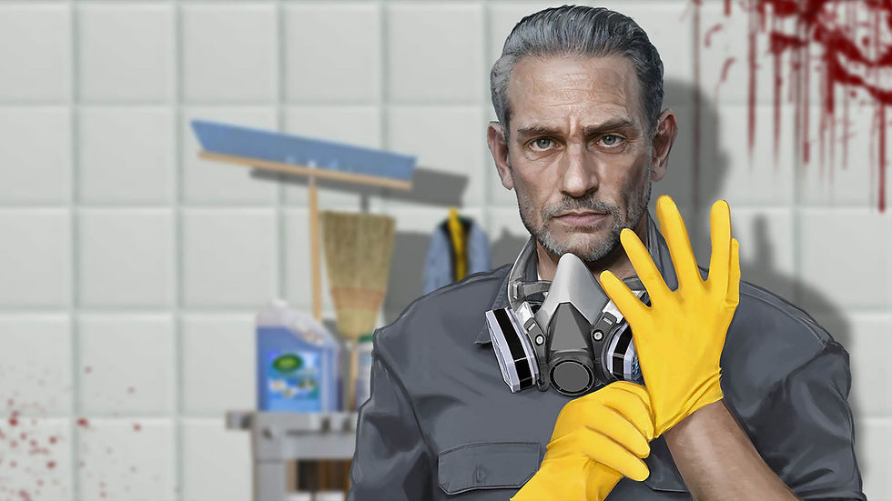 A crime scene cleaner wearing yellow gloves and a respirator in a bloodstained room, preparing to clean evidence in Crime Scene Cleaner.