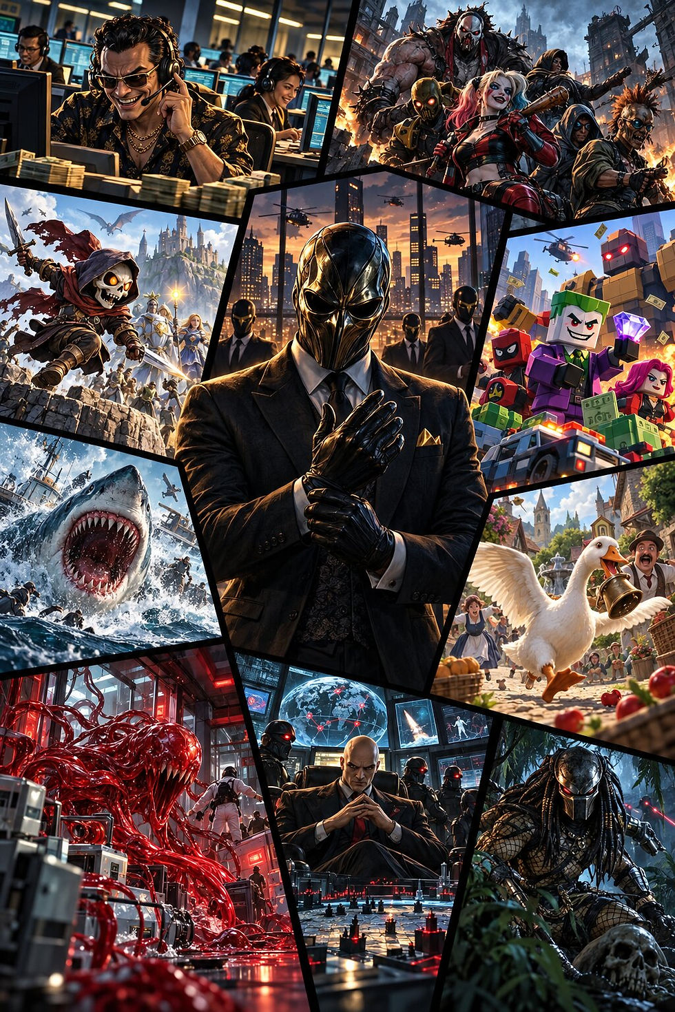 Collage-style villain-games poster showing a masked crime boss in a black suit at the center, surrounded by angled panels featuring a scam call center, a chaotic supervillain squad, a skeletal fantasy antihero, blocky cartoon villains, a giant shark attack, a mischievous goose causing havoc, a red lab monster, a bald mastermind in a war room, and an alien hunter in a dark jungle.
