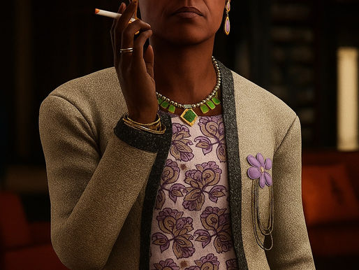 A hyper-realistic 3D portrait of a stern woman standing in a luxurious hotel lounge, holding a cigarette. She wears a cream jacket with dark trim, a floral lavender blouse, gold jewelry, and a green gemstone necklace. Warm lighting highlights her serious expression against a blurred background of orange sofas and bookshelves.