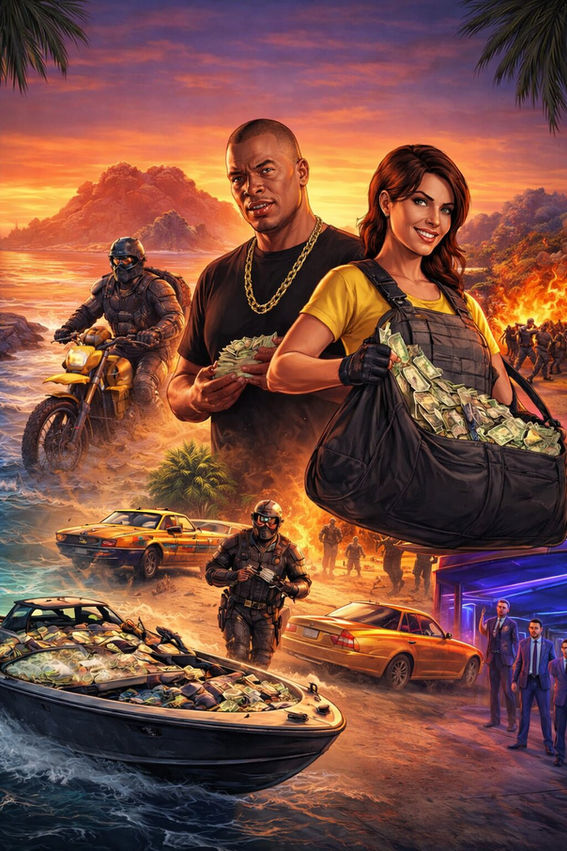 GTA Online crime montage in Rockstar promotional art style showing criminals escaping with bags of cash, speedboats full of money, luxury getaway cars, and armed crews during a chaotic heist at sunset in Los Santos.