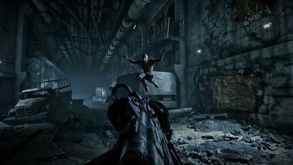First-person combat in S.T.A.L.K.E.R. 2: Cost of Hope, with a mutant leaping toward the player inside a dark, ruined underground industrial facility.