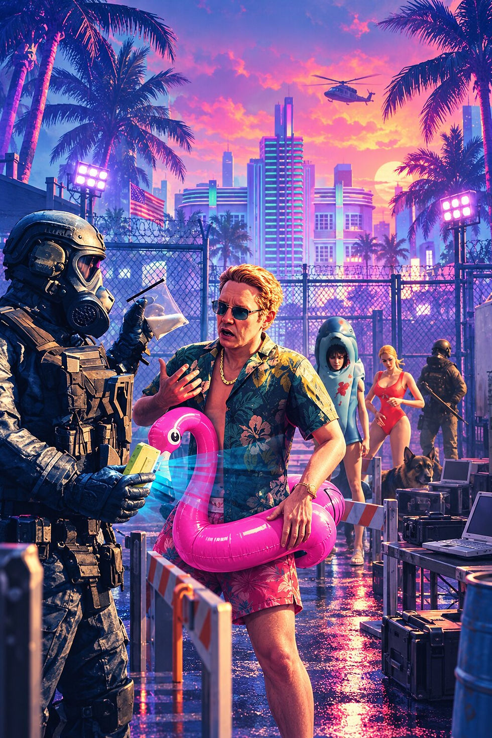 A gas-masked quarantine guard inspects an outraged tourist wearing sunglasses and a pink flamingo pool float, while survivors, armed security and a detection dog wait beneath the neon-lit Miami skyline.