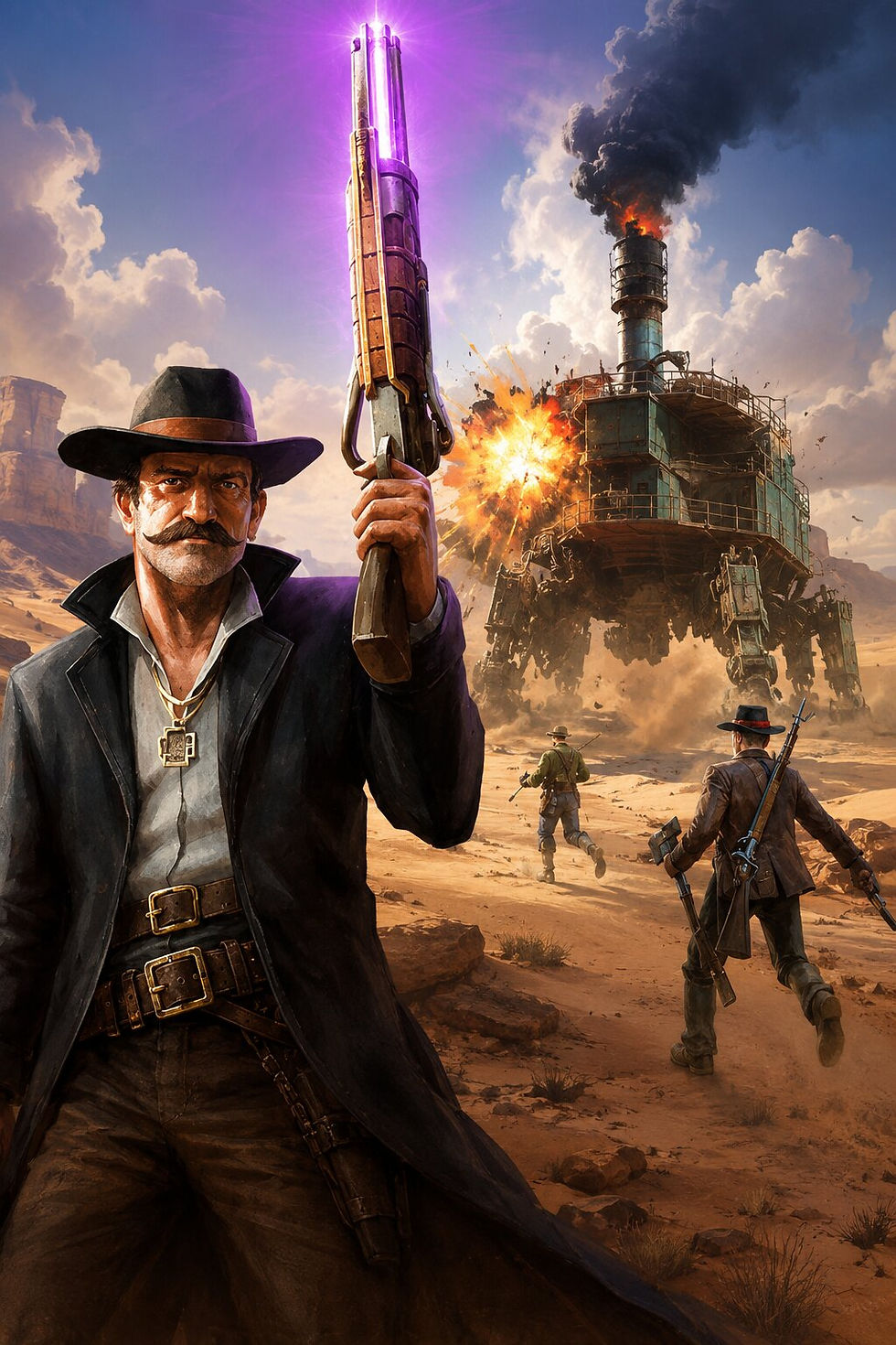 A rugged desert raider holding a glowing rifle stands in the foreground while a giant walking fortress explodes behind him on the dunes of the planet Sophie. Armed scavengers charge toward the battle as smoke, fire, and dust fill the dieselpunk wasteland.
