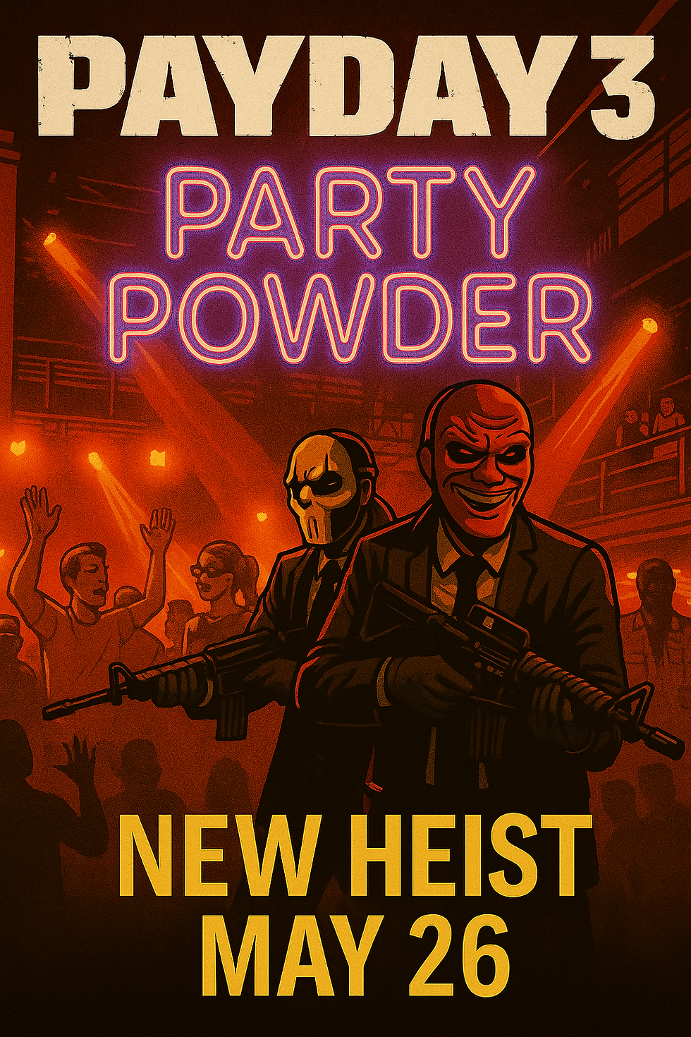 A movie-poster-style promotional image for PAYDAY 3’s upcoming “Party Powder” heist, featuring two masked heisters in dark suits holding rifles, standing in a neon-lit nightclub filled with panicked party-goers. Purple neon text reads “PARTY POWDER” above them, and bold yellow text at the bottom says “NEW HEIST MAY 26.” The scene is drenched in red and orange lighting, capturing the chaotic energy of a club under siege.