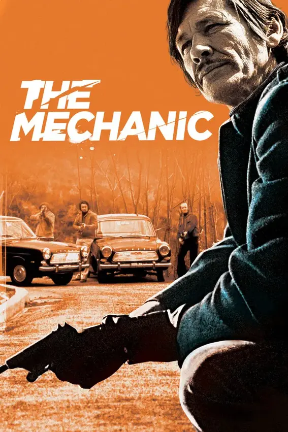 Film poster for The Mechanic (1972) showing Charles Bronson crouched with a pistol in hand, staring coldly ahead, while armed men stand near vintage cars on a deserted road under an orange-tinted sky, conveying a tense, ruthless crime atmosphere.