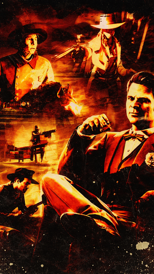 Gritty cinematic poster-style image from Red Dead Online showing an outlaw crime boss in a red suit surrounded by gunfights, fires, and blood money missions, rendered in high-contrast red and gold tones.