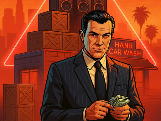 A slick GTA Online kingpin in a pinstripe suit counts cash before a neon pyramid of businesses and crates under a blood-orange skyline — visual proof that crime really does pay while you nap.