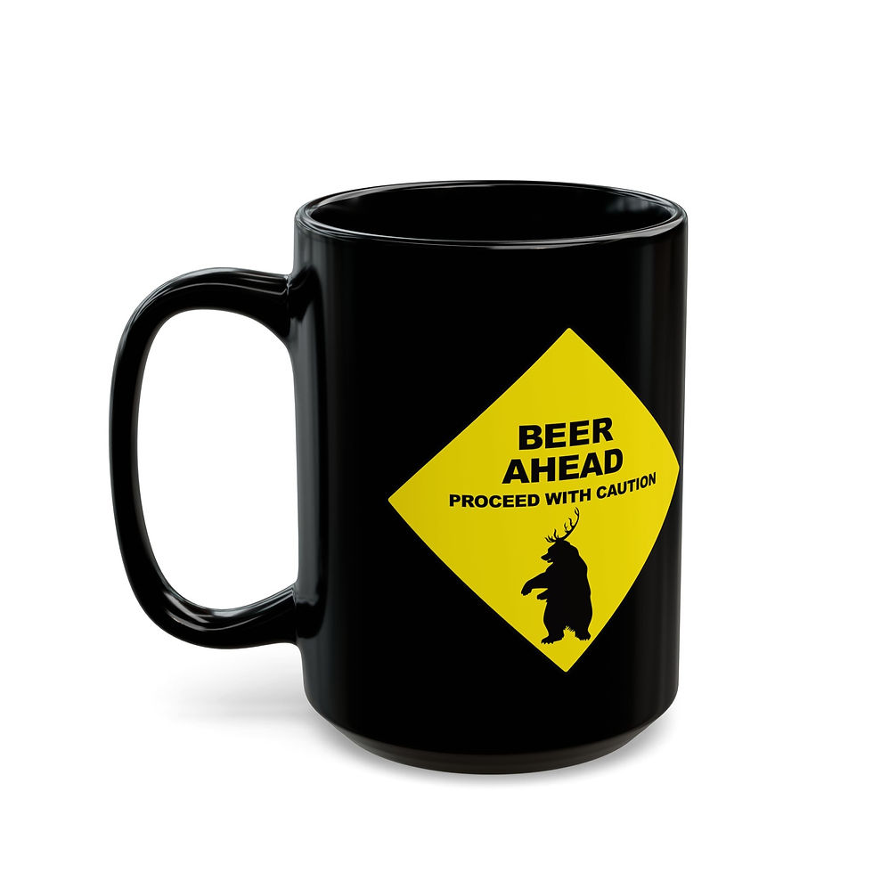 Thumbnail: Black ceramic mug with a caution sign with a bear/deer beast and the text “Beer Ahead – Proceed With Caution” left view