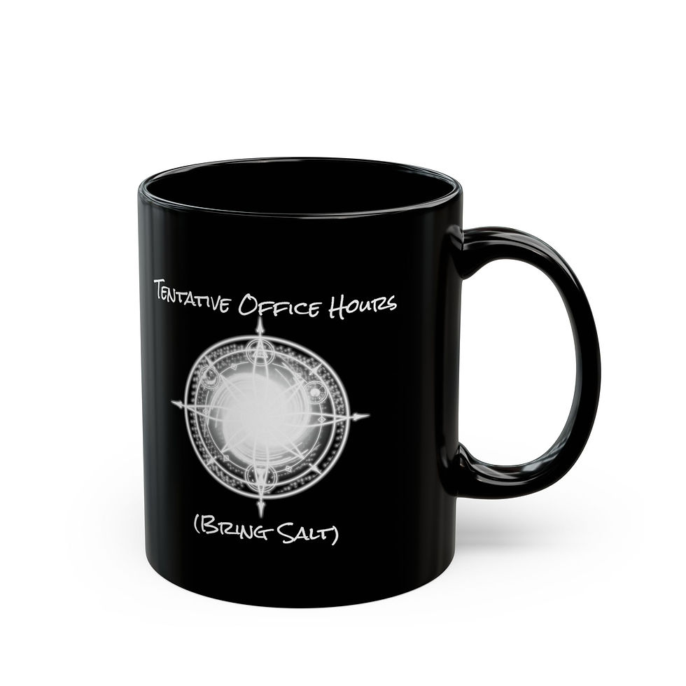 Thumbnail: Black “Tentative Office Hours (Bring Salt)” mug with glowing magic circle design 11oz right