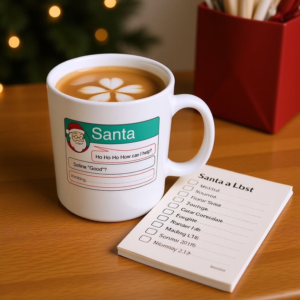 Santa Chatbot Mug - Define nice query with cappuccino.