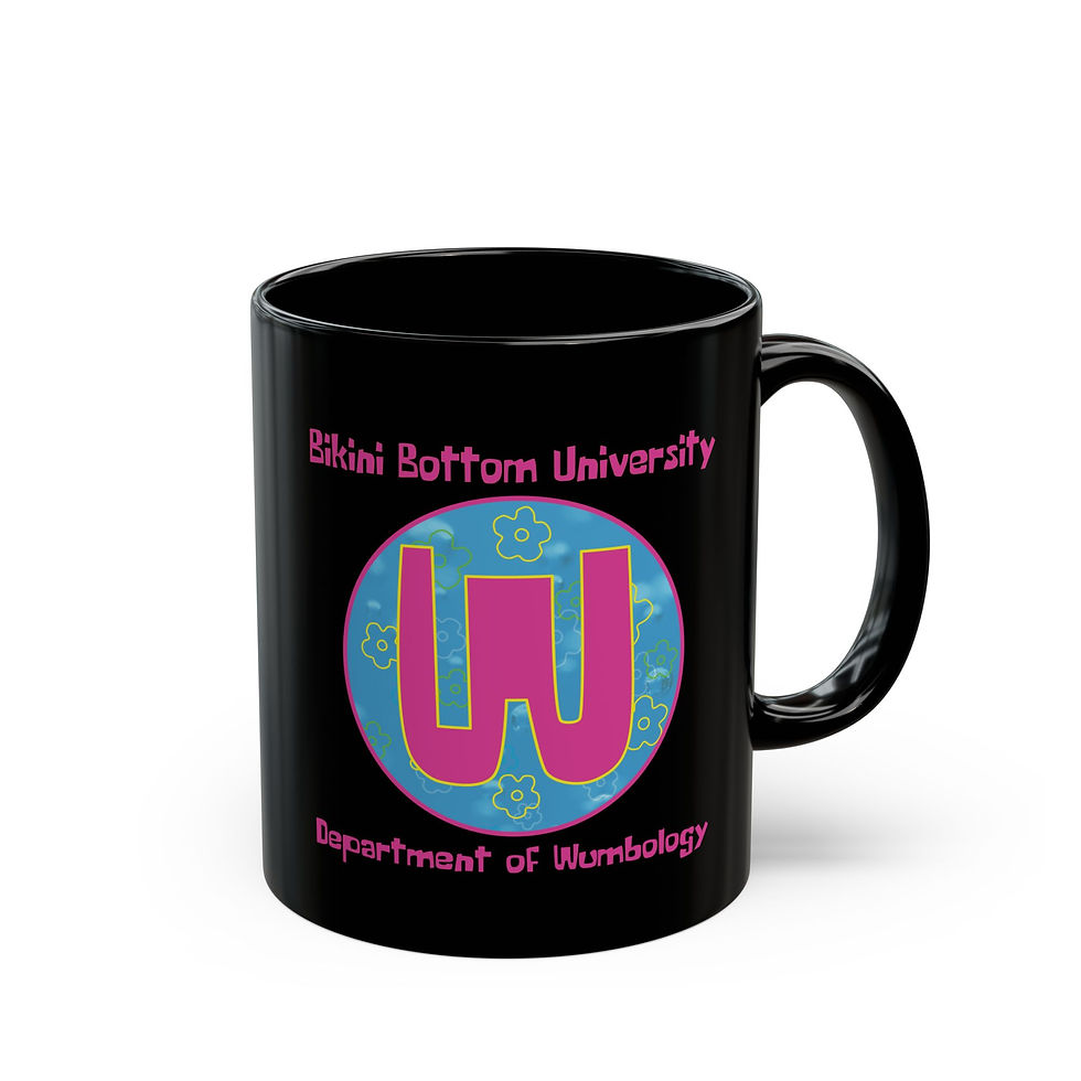 Thumbnail: Black ceramic mug featuring the phrase ‘Department of Wumbology’ in a colorful cartoon title-card style font.  right view