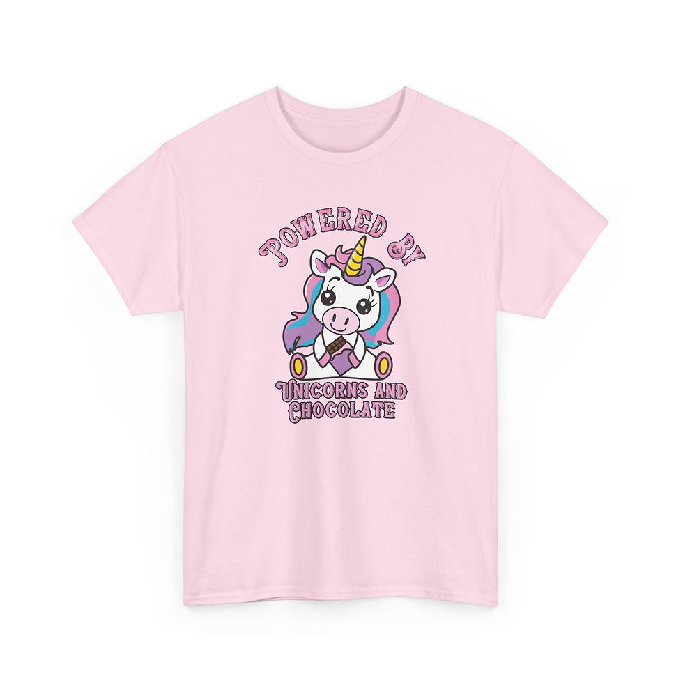 Thumbnail: pink t-shirt with a Cute unicorn holding chocolate with “Powered by Unicorns and Chocolate” text