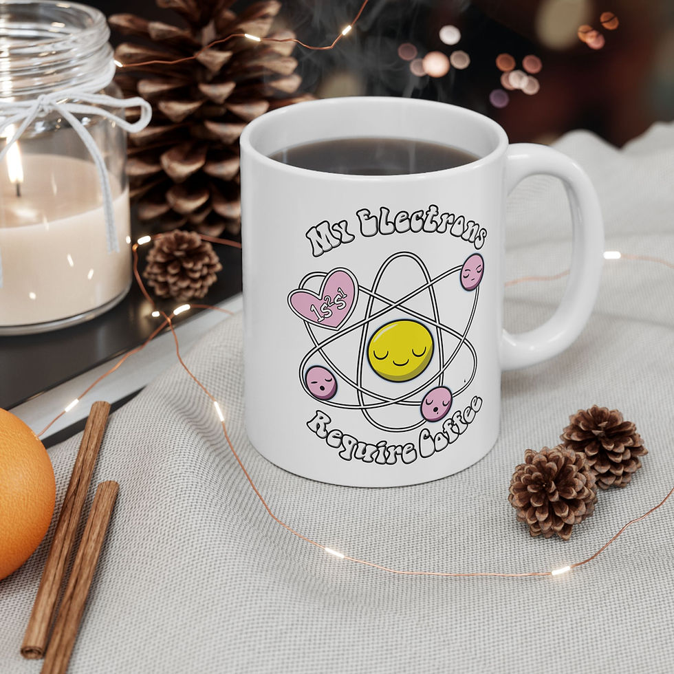 Thumbnail: Cute atom design with sleepy electrons and text “My Electrons Require Coffee” in a holiday setting
