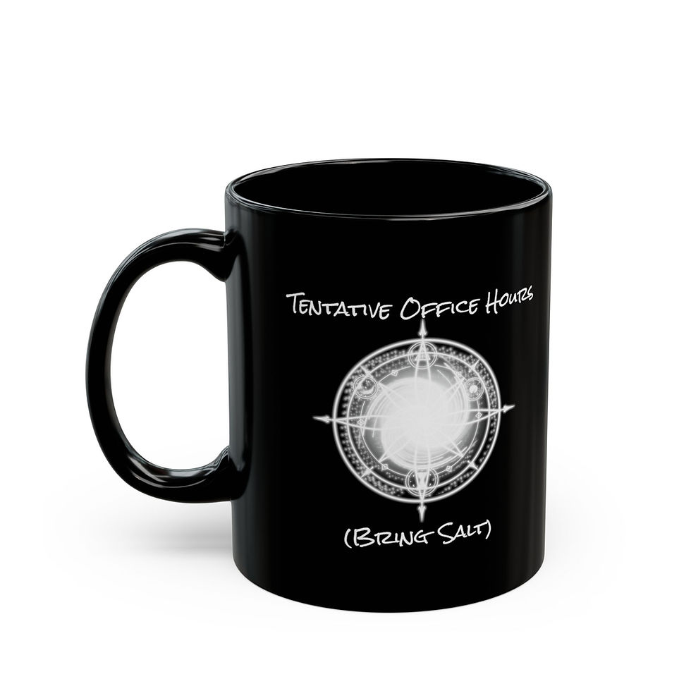 Thumbnail: Black “Tentative Office Hours (Bring Salt)” mug with glowing magic circle design 11oz left